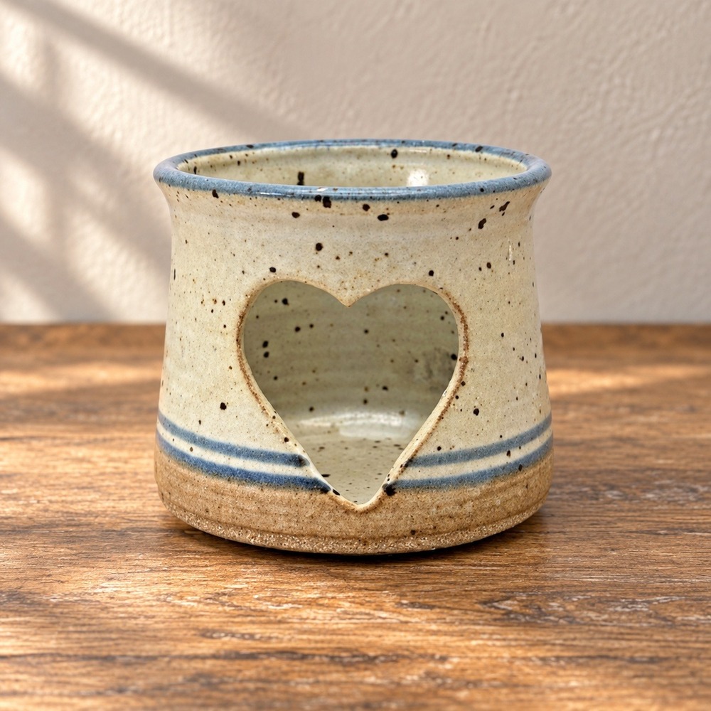 Vintage Flat Earth Pottery Heart Votive Candle Holder Blue Cream Signed